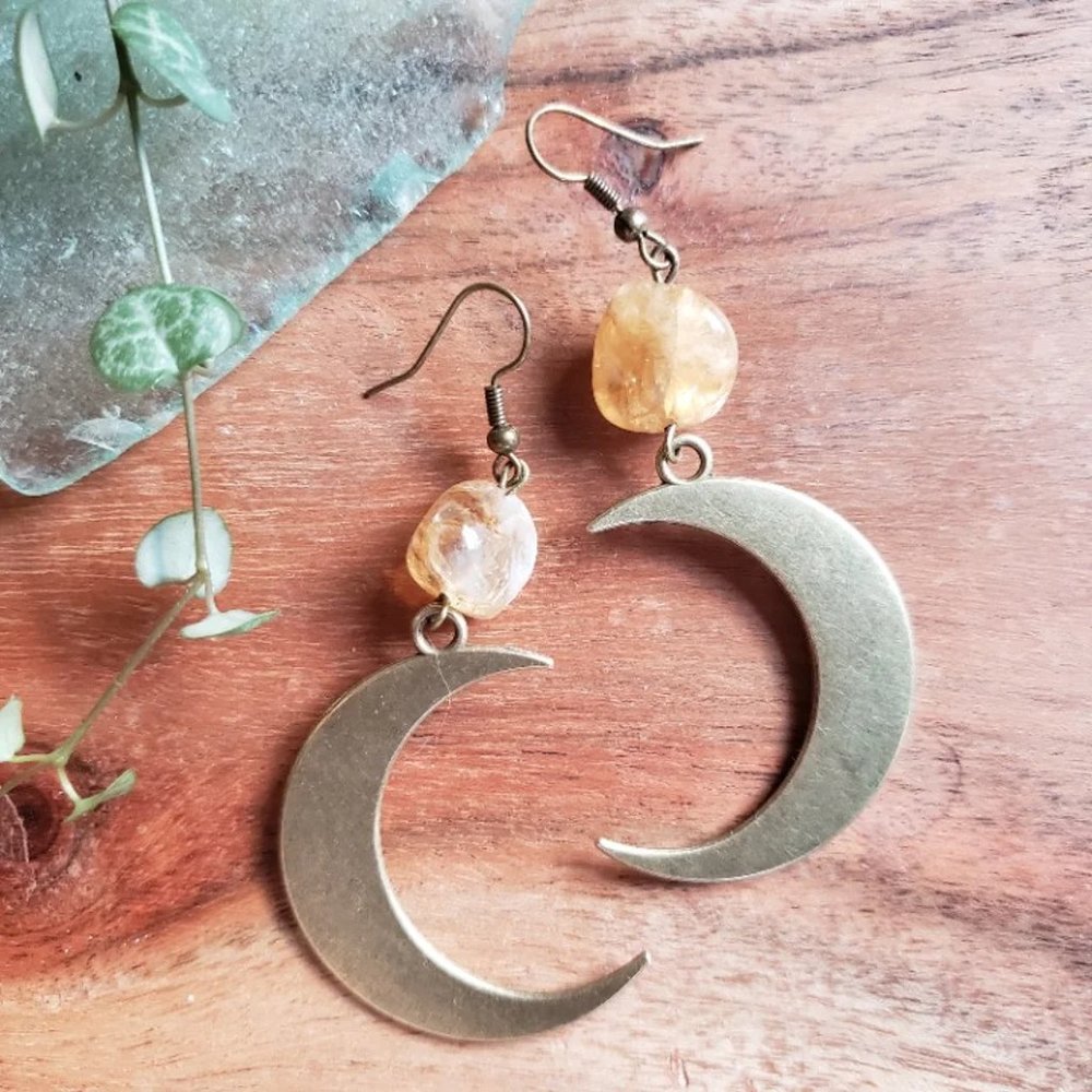 Handmade Celestial Citrine Quartz Rustic Crescent Moon Handmade Healing Earrings